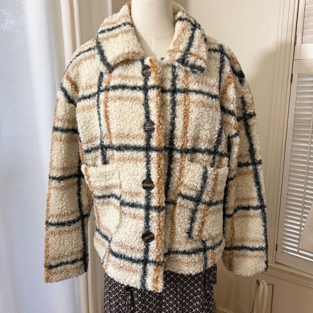 Stoosh Women Sherpa Fleece Plaid Button Front Jacket Cream Tan Black Small‎